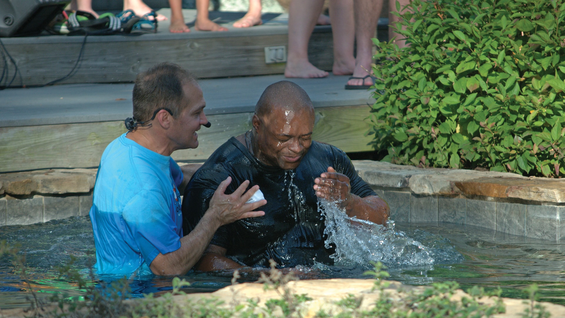 A man smiling after being Baptized at Brookwood Church